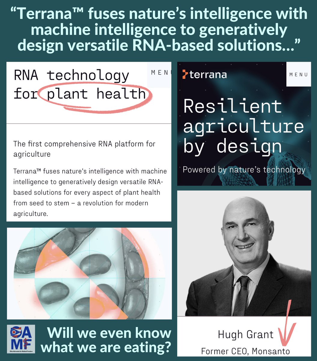 OhioAMF's tweet image. How do you feel about “scientists” and the former CEO of MONSANTO playing god with the RNA manipulation of our food supply? The future of humanity is on the line. Will we even know what we are eating?
“Terrana is pioneering a distinct category of novel RNA-based plant health…
