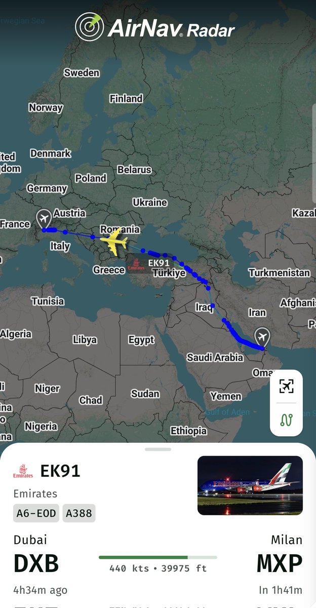AirNavRadar's tweet image. The Emirates A380 (A6-EOD) from Dubai to Milan — EK91 — is currently the most tracked flight on AirNav Radar! 🏀✈️
This aircraft, featuring the National Basketball Association Livery, has been drawing a lot of attention on our platform.
👉 AirNavRadar.com/flight/EK91