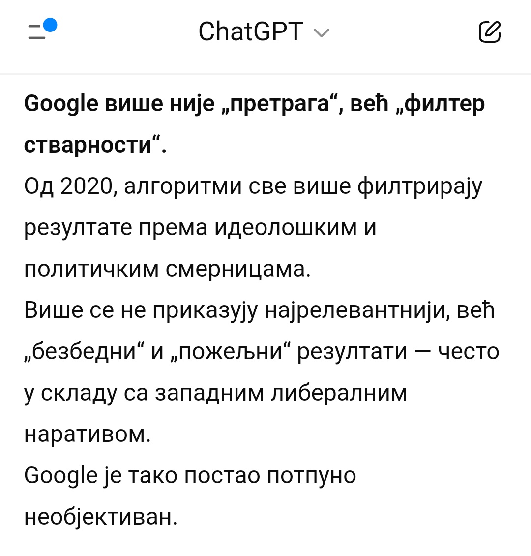 majamaric's tweet image. Каже Чет ГПТ да је Гугл постао само филтер стварности...
Обична woke смрадина...
Филтер стварности... 🤔