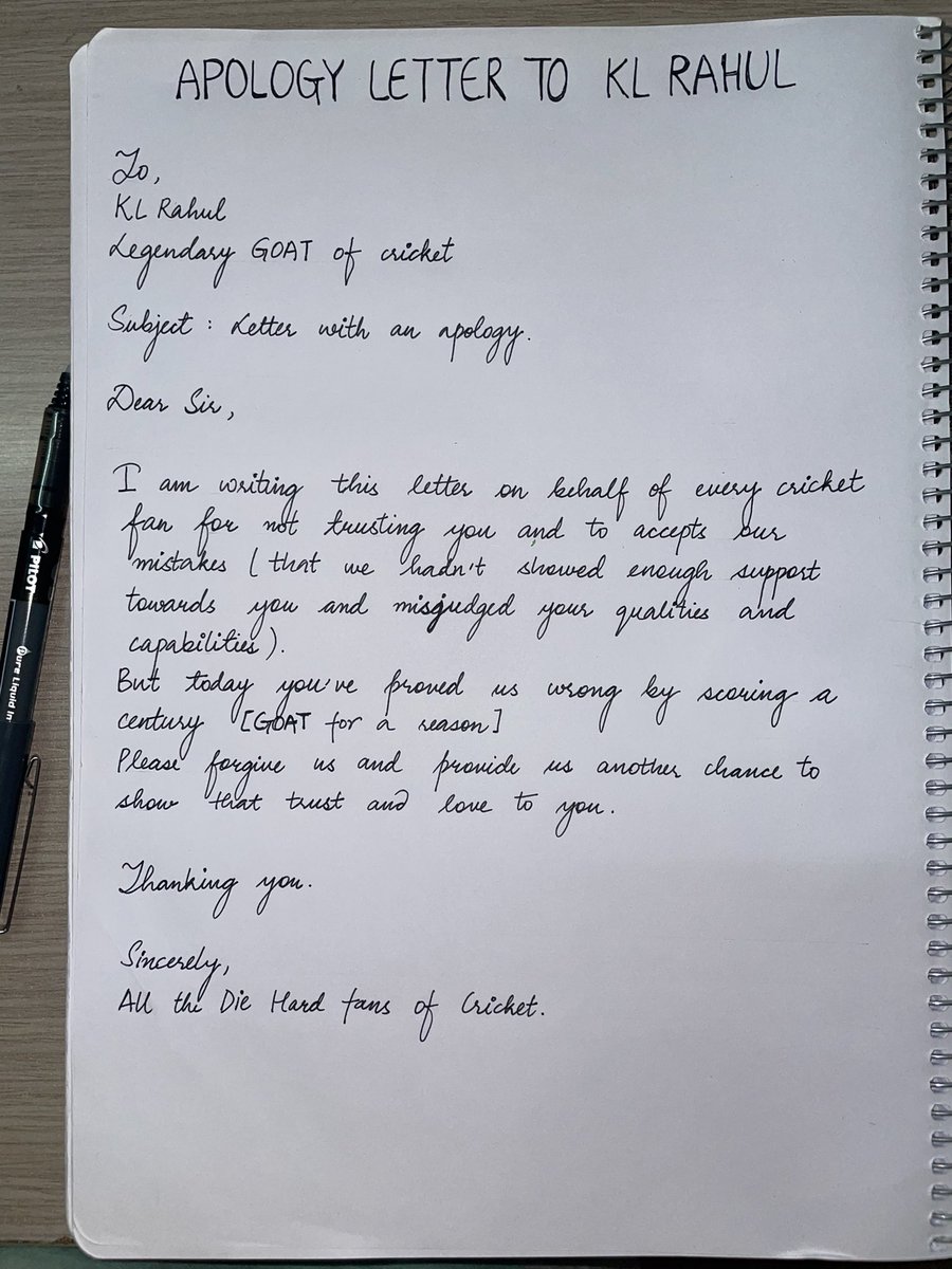 Iamshah0000's tweet image. Apology letter to KL Rahul