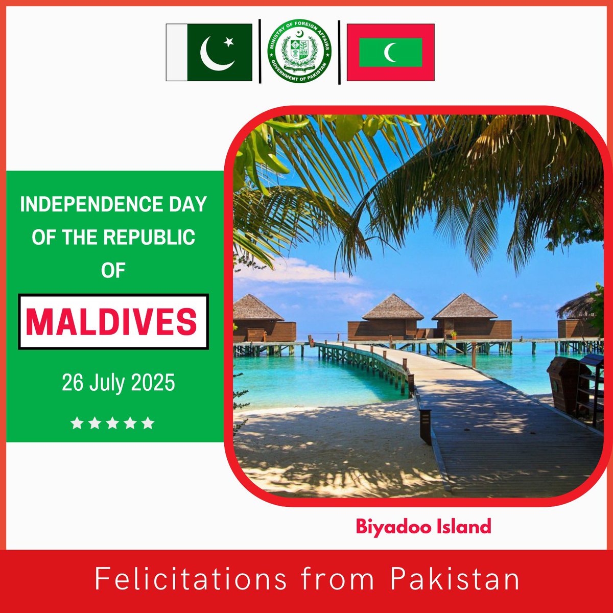 ForeignOfficePk's tweet image. On the occasion of Independence Day of Republic of #Maldives, we extend our heartiest felicitations to its Government and people.
@MoFAmv
@PakinMaldives
🇵🇰🤝🇲🇻