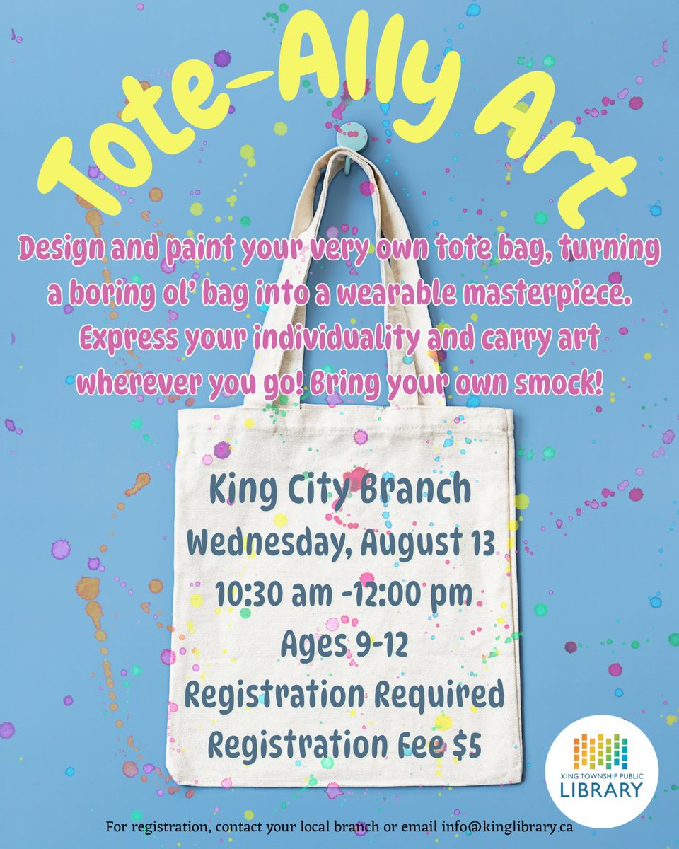 KingLibraries's tweet image. Calling all young artists 🎨Express yourself through your art and design your very own tote bag 👜
Register while space is available!👩🎨👨🎨
#KingLibraries #SummerProgram
