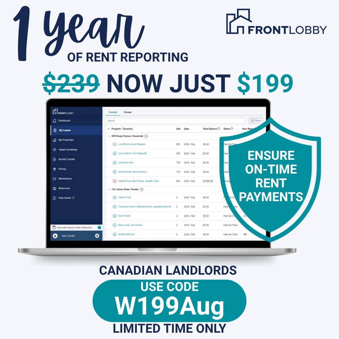 Tired of Chasing Rent?
Start the month strong with a tool that encourages on-time payments.

Canadian Landlords can now get 1 full year of Rent Reporting for just $199 (reg. $239).

Use code W199Aug to save.
🔗 hubs.la/Q03yf1WY0 - Limited Time Only!