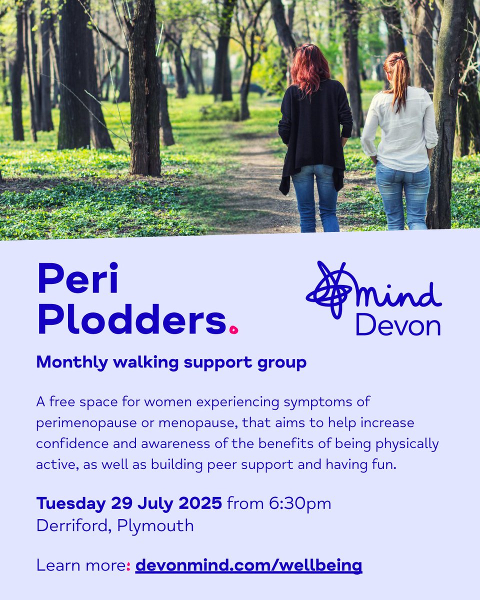 MindDevon's tweet image. 👟 𝗣𝗲𝗿𝗶 𝗣𝗹𝗼𝗱𝗱𝗲𝗿𝘀, monthly walking support group —  Tuesday 29 July 2025 at 6:30pm

There will be an opportunity to connect with others and have a drink and a chat after the 1-hour evening walk.

You can find out more and register here: loom.ly/cw4cySo