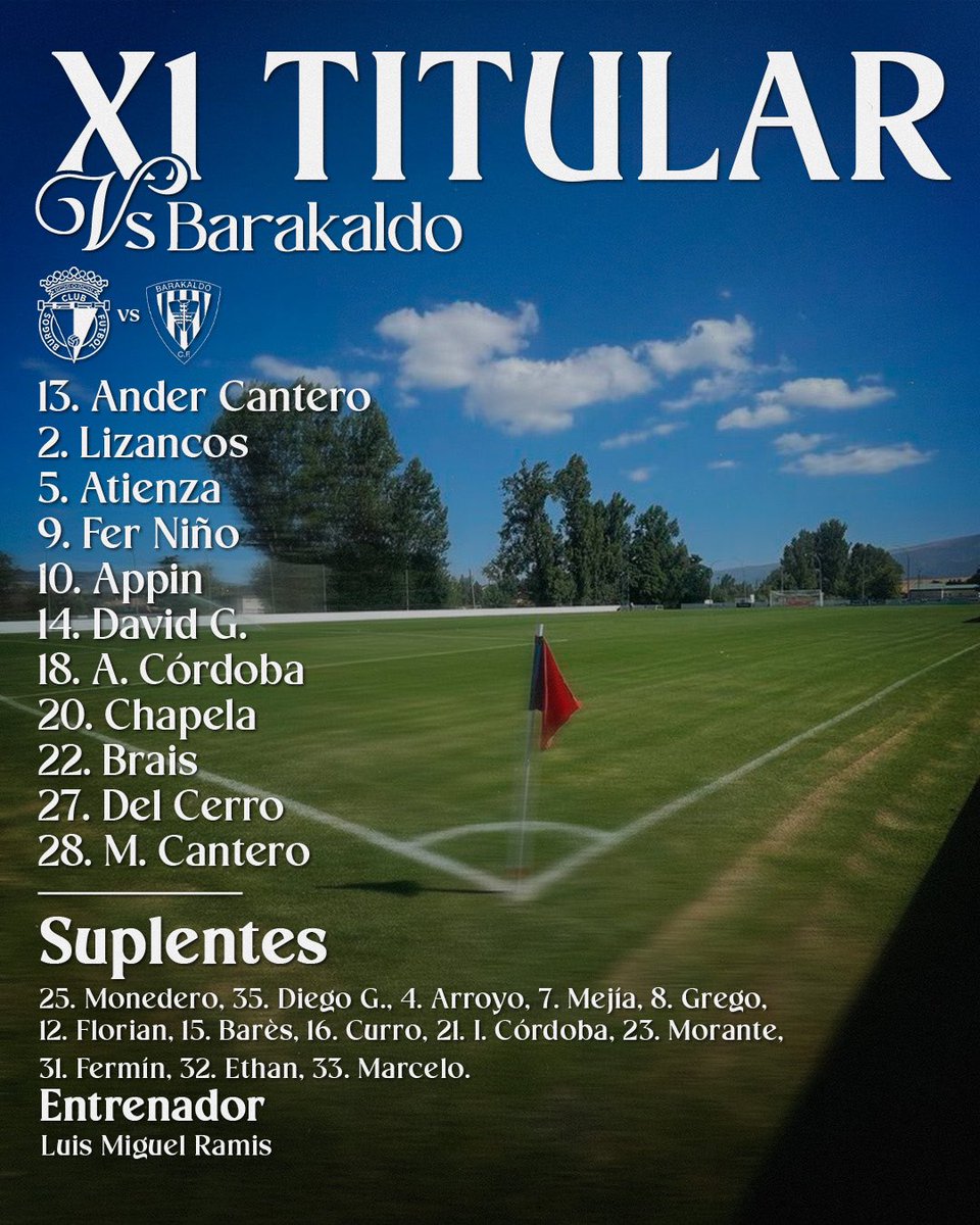 Burgoleros TV (@burgoleros_tv) on Twitter photo โ๏ธ Primer XI del <a href="/Burgos_CF/">Burgos Club de Fรบtbol</a> para esta pretemporada.
โ
Debutan Lizancos, Brais y Chapela.
โ
Vuelve Del Cerro a vestirse de blanquinegro.
โ
Aunque no este de inicio, Mejรญa, nuevo fichaje del equipo, estรก en la convocatoria al igual que Arroyo.
#BurgosCFBarakaldo โ๏ธ Primer XI del <a href="/Burgos_CF/">Burgos Club de Fรบtbol</a> para esta pretemporada.
โ
Debutan Lizancos, Brais y Chapela.
โ
Vuelve Del Cerro a vestirse de blanquinegro.
โ
Aunque no este de inicio, Mejรญa, nuevo fichaje del equipo, estรก en la convocatoria al igual que Arroyo.
#BurgosCFBarakaldo
