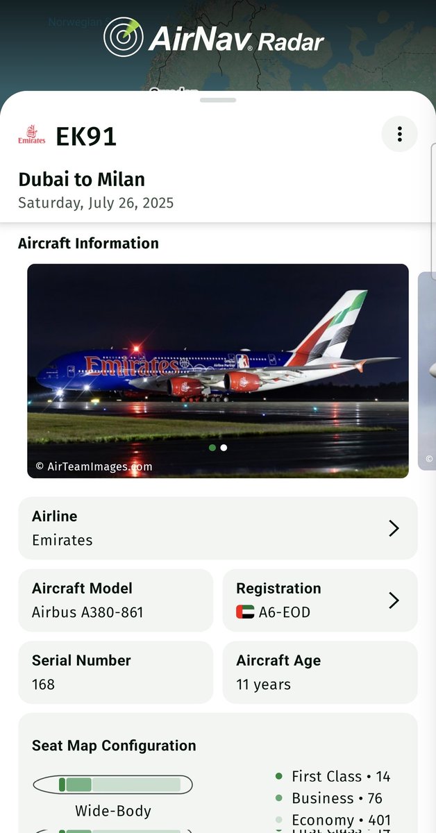 AirNavRadar's tweet image. The Emirates A380 (A6-EOD) from Dubai to Milan — EK91 — is currently the most tracked flight on AirNav Radar! 🏀✈️
This aircraft, featuring the National Basketball Association Livery, has been drawing a lot of attention on our platform.
👉 AirNavRadar.com/flight/EK91