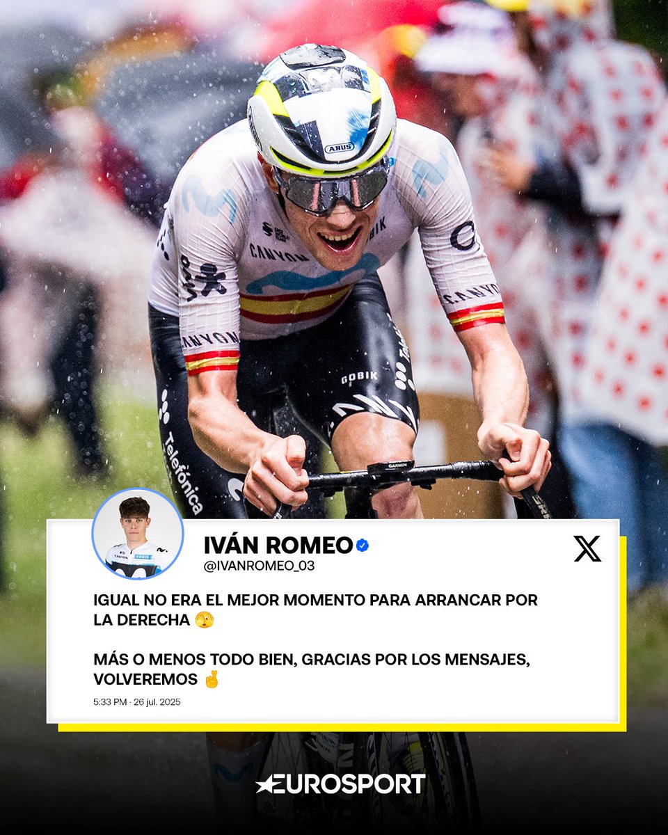 Eurosport_ES's tweet image. 💬 El mensaje de Iván Romeo en sus redes sociales tras su caída en el Tour... y hay que decirlo: su reacción es de ser 𝒎𝒖𝒚 𝒈𝒓𝒂𝒏𝒅𝒆
#TDF2025