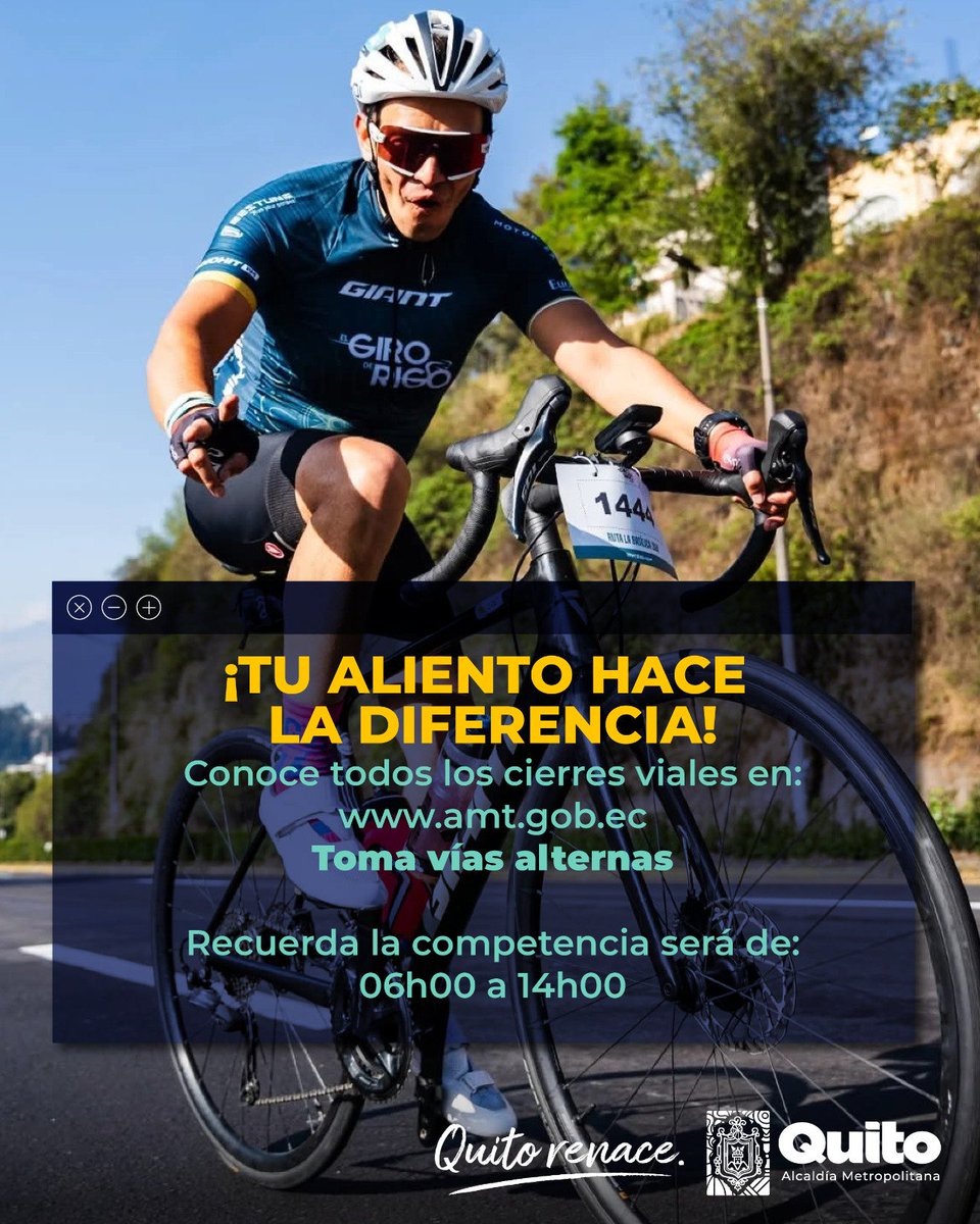 🚴‍♂️ #DeporteQuito | ¡Quito se activa con 2 mil ciclistas en el Giro de Rigo!

📣 ¡Tu aliento, aplausos y presencia hacen la diferencia! 🙌

🗓️ Domingo 27 de julio
📍 Salida y llegada: Pista de Los Chasquis (Toledo y Ladrón de Guevara).

Más ➡️ bit.ly/450qYhr

#QuitoRenace