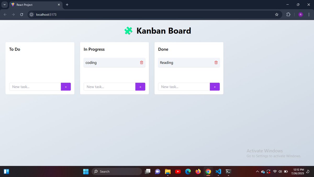 qasimrokeeb's tweet image. Day 24 of #30DaysOfReact
Built a **Dynamic Kanban Board** using React + Tailwind CSS + Framer Motion + React Beautiful DnD.
🧠 Drag-and-drop tasks
💾 Persistent storage
✨ Simple UI.
Preview below :