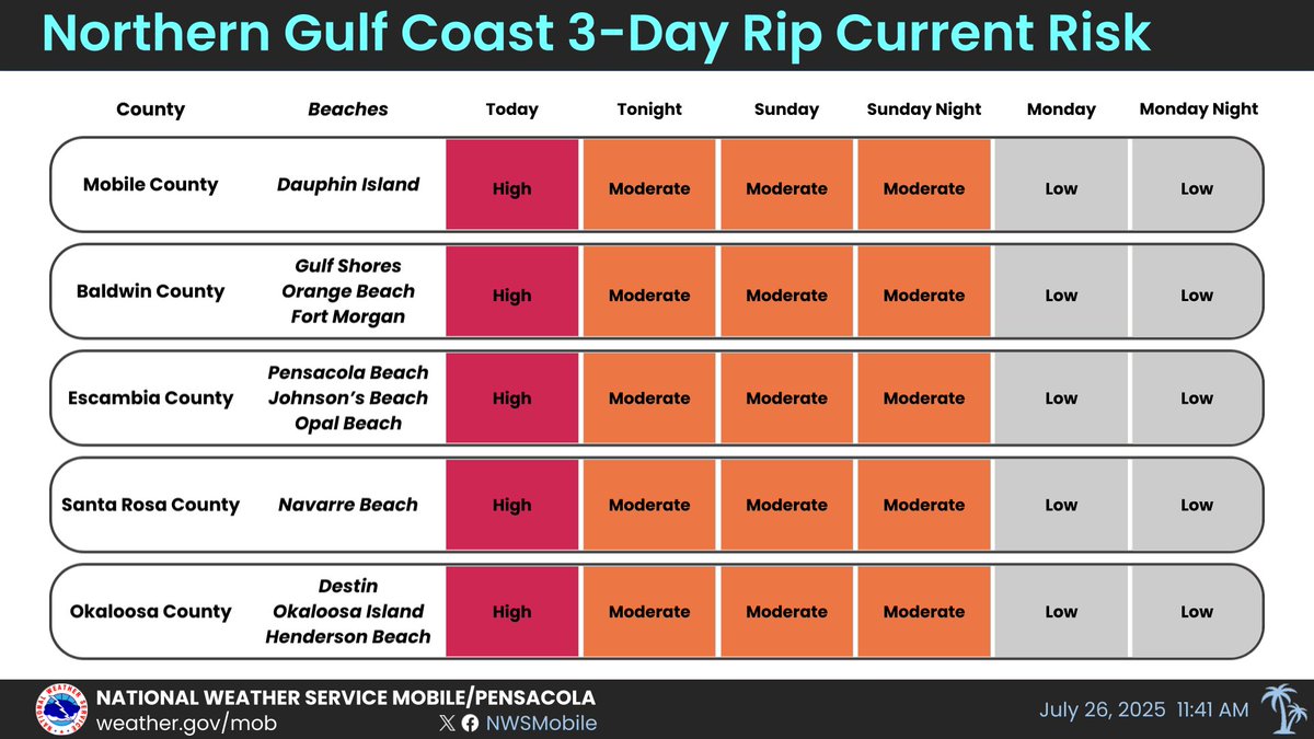 NWSMobile's tweet image. 🚨 HEADS UP - HIGH #RipCurrent Risk at the coastal Alabama and northwest Florida beaches through this afternoon!
🌊 Strong rip currents are being reported at our northwest Florida beaches with red flags at all local beaches.
🏖️ Be #BeachSmart weather.gov/beach/mob