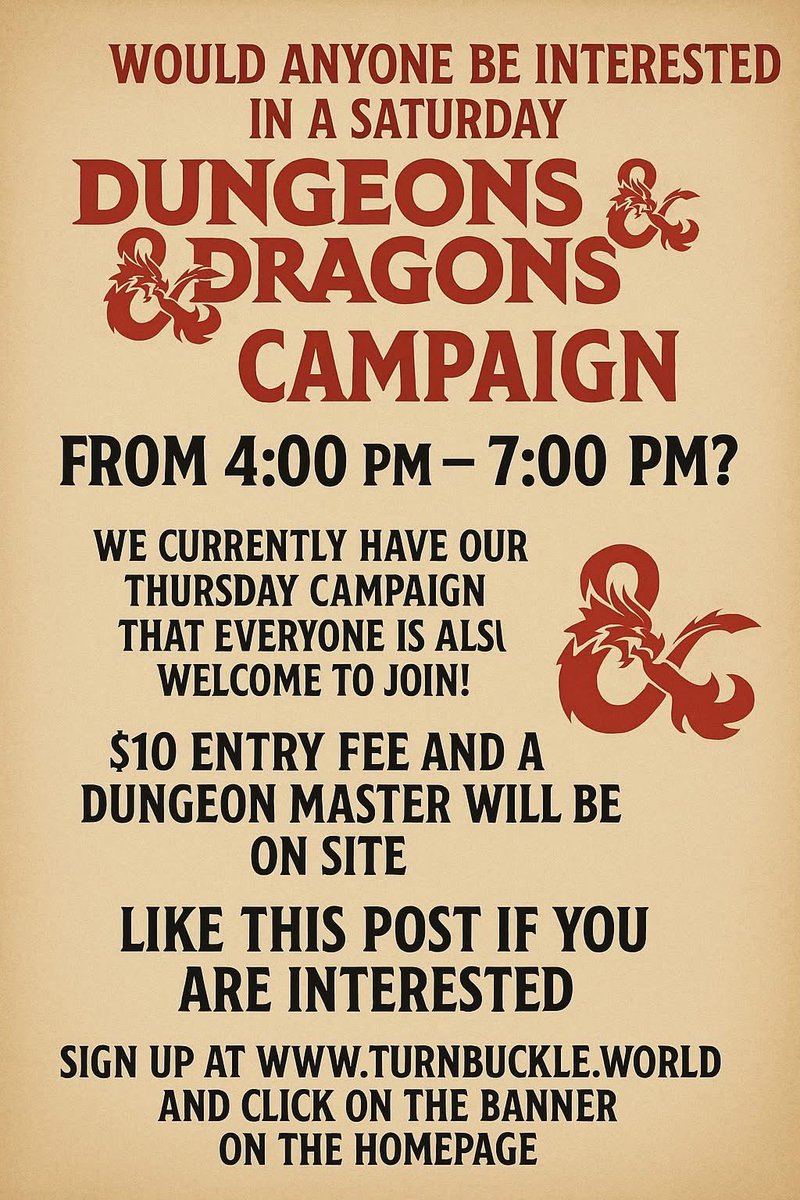 TurnbuckleWorld's tweet image. Taking interest in a Saturday Dungeons & Dragons Campaign! We have our Thursday Campaign but want to start another. Like this post if you are interested.