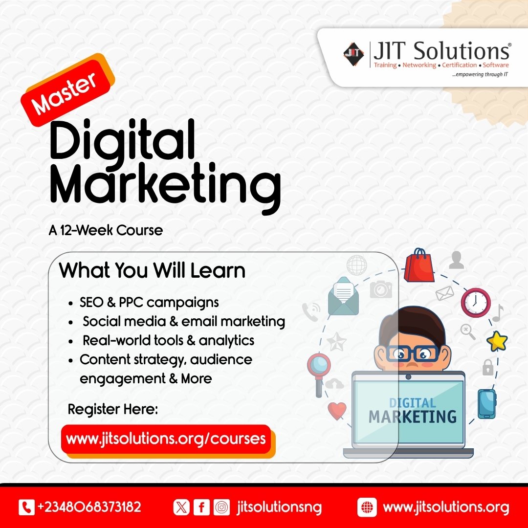 jitsolutionsng's tweet image. COHORT ALERT!

Master Digital Marketing with JITSOLUTIONS!
Starts July 28, 2025

Learn SEO, Social Media, Content, Email, PPC, Influencer &amp;amp; Video Marketing

Get 10% OFF this cohort!
Register now: shorturl.at/QDp5e

#COHORTALERT #DigitalMarketing #JITSOLUTIONS