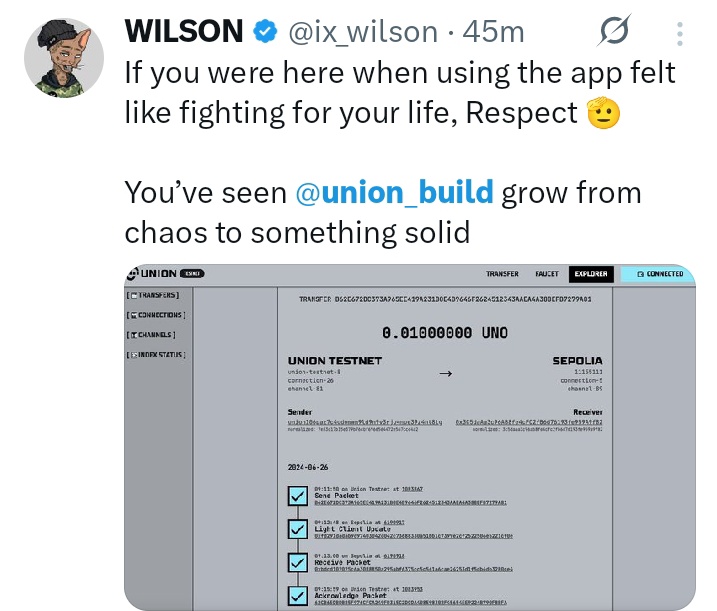 mr_cbillionaire's tweet image. Respect to all those who have been with @union_build from Day 1.
ยป You've stayed with Union
ยป You've built with $U
Now isn't the time to give up on Zk.
Joy is coming. Be there ser.