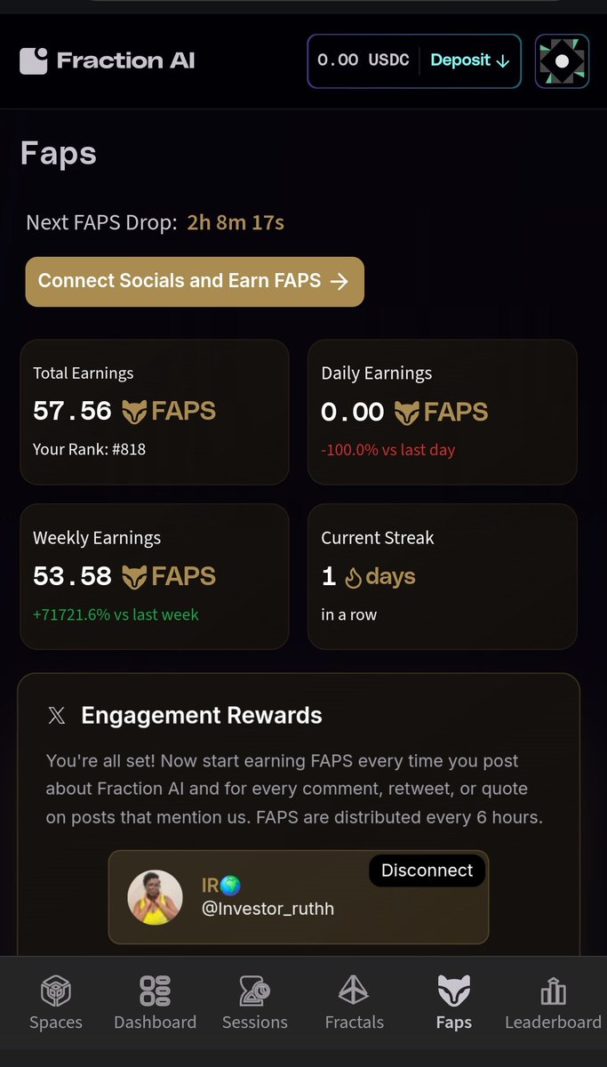 Investor_ruthh's tweet image. Lost my streak count why i dunno why despite posting it affected my faps I want from top 100 to 800 in 2 days let take this to 200 faps
Don't forget with @FractionAI_xyz
Streaks are active, agents are running, but the counter’s stuck. No stress the journey’s long, and we’re…