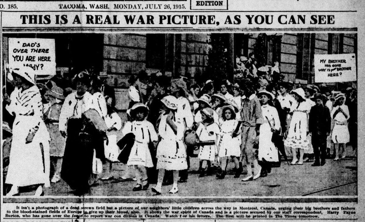 ThisDayInWWI's tweet image. Tacoma Times Jul 26 1915
Dad's over there. You are here why?
My brother has gone. Why is your brother here?
"little children across the way in Montreal, Canada, urging their big brothers and fathers to rush to the blood stained fields of Europe to give up their blood, also."