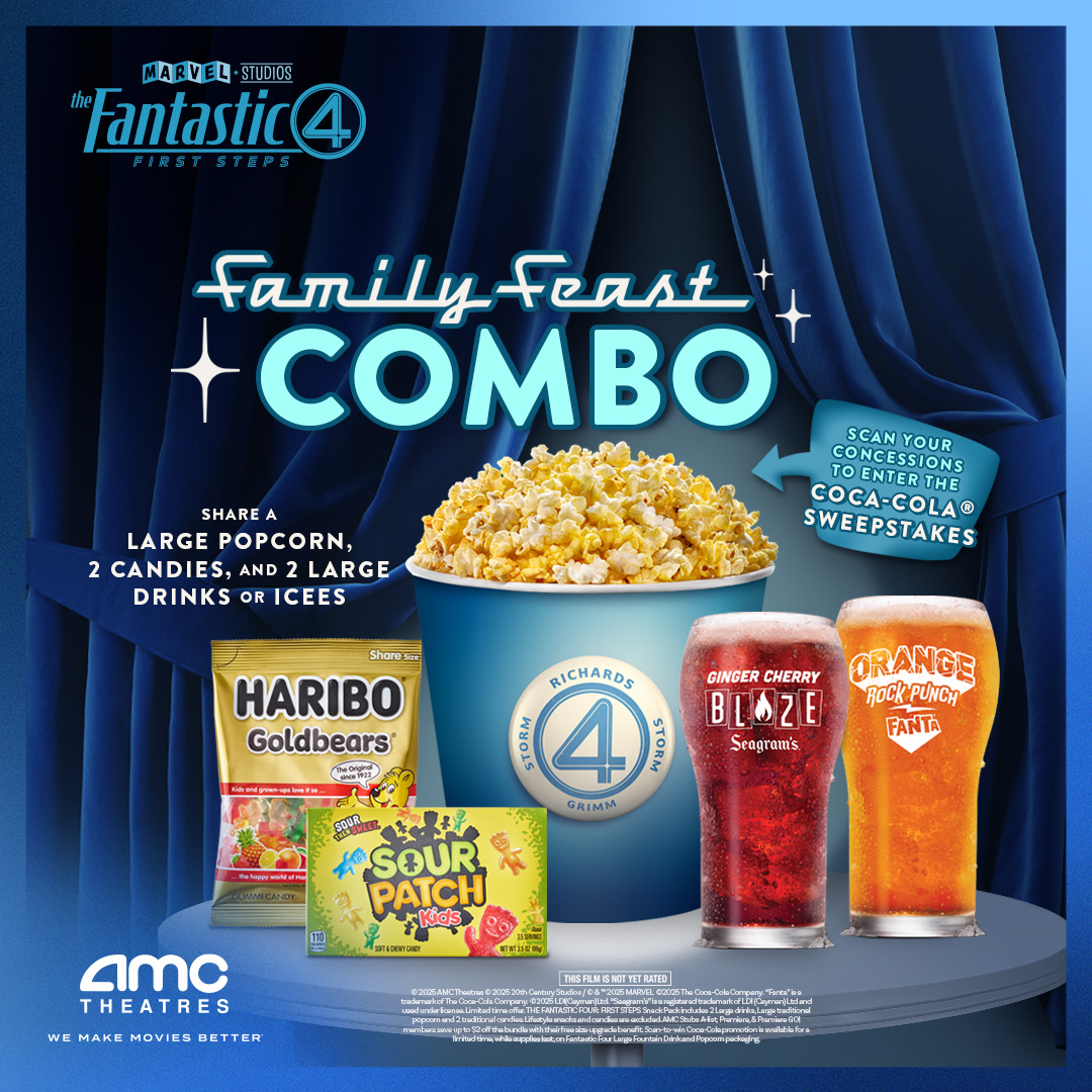 Team up with your family to fight off even the most ravenous cosmic cravings. Share our snack combo—a large popcorn, two candies, and two large drinks or ICEEs—when you see Marvel Studios’ #TheFantasticFourFirstSteps. 🎟: amc.film/3TW1igT