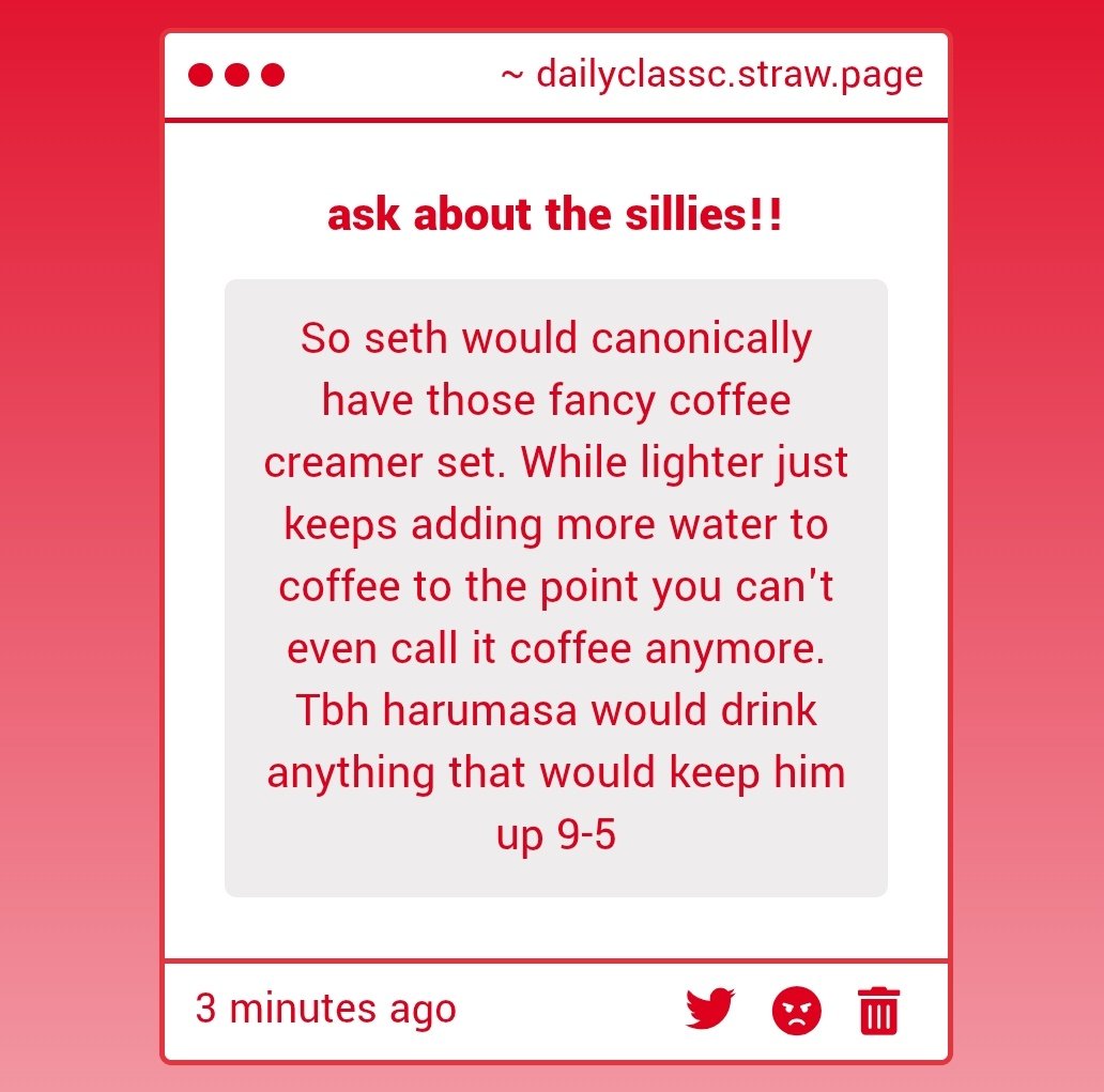 DailyClassC's tweet image. → #lightharuseth | #classc sp 💫
in a trust event, seth canonically shows that he has high standards for coffee and makes his own 😭😭 also yes lighter is a 27 year old man who cant drink coffee unless its half sugar. and harumasa's just making do with whatever LMAO