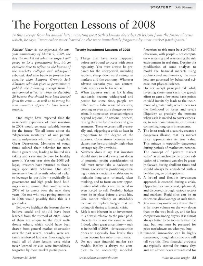 F_Compounders's tweet image. The Forgotten Lessons of 2008 by Seth Klarman of Baupost Group.