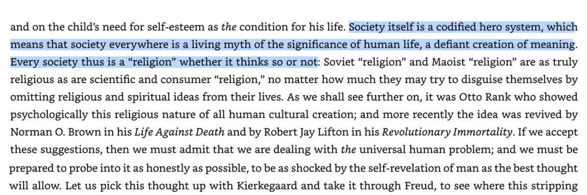 ystrickler's tweet image. "Society itself is a codified hero system... The crisis of modern society is precisely that the youth no longer feel heroic in the plan for action that their culture has setup." — Ernest Becker, "The Denial of Death"