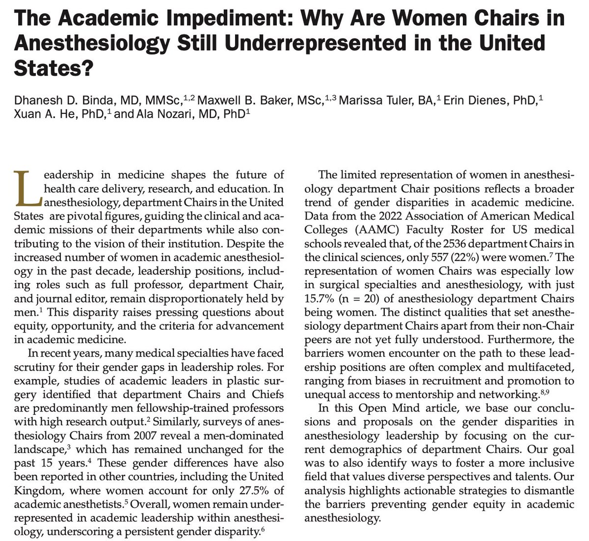 Dhanesh D. Binda, MD (@dhaneshbinda) on Twitter photo Now published <a href="/IARS_Journals/">Anesthesia&Analgesia</a>, we show that women in anesthesiology have similar academic credentials to men but remain underrepresented as Chairs. Addressing structural issues like mentorship, parental leave, and promotion criteria may help close this gap.
journals.lww.com/anesthesia-ana… Now published <a href="/IARS_Journals/">Anesthesia&Analgesia</a>, we show that women in anesthesiology have similar academic credentials to men but remain underrepresented as Chairs. Addressing structural issues like mentorship, parental leave, and promotion criteria may help close this gap.
journals.lww.com/anesthesia-ana…