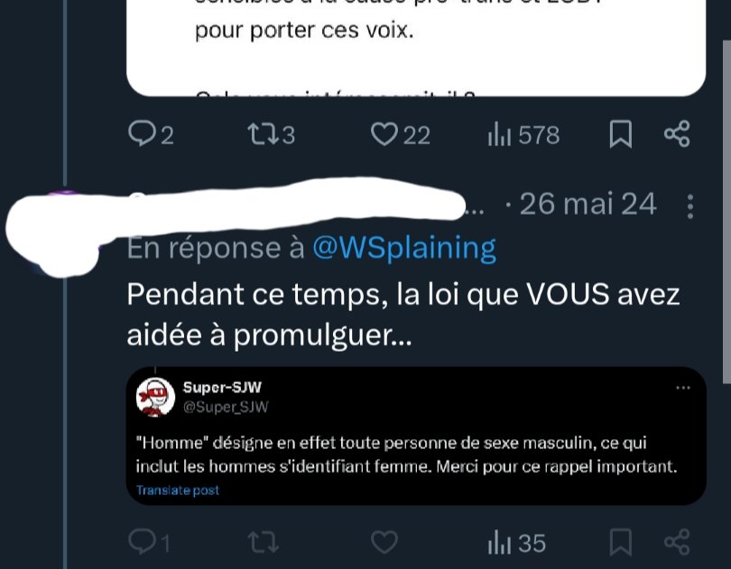 WSplaining's tweet image. À ma connaissance, seule interaction directe entre cette personne et moi. À ce moment-là, j'ignorais qu'iel tweetait régulièrement des propos diffamants sur moi, et iel m'a bloquée dans la seconde. J'ai appris bieeen après grâce à une mutu.