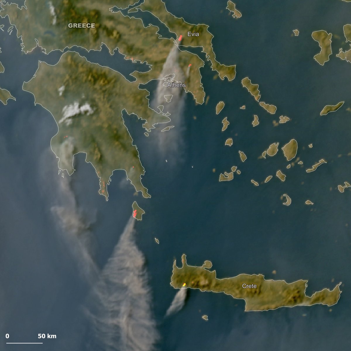🔴 ⚠️ 🔥 ♨️ 🛰️ Dramatic situation in #Greece in the peak of the  #heatwave. On saturday 26th July, multiple #wildfires have started and are growing fast. ⬇️meteosat-12 at 16.10UTC: from #Evia island and the #Attica,to #Kythira and #Crete  Evacuations are ongoing.#ClimateEmergency