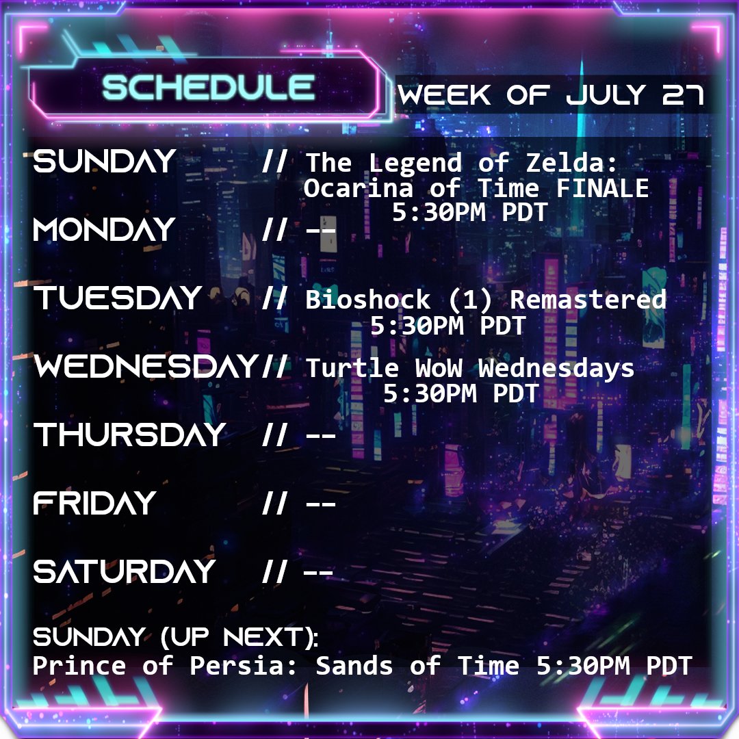 ZeroEchoZenith's tweet image. [Just released my newest essay-style video, go check it out!] This week&apos;s stream schedule. A normal week for streams. Starting Prince of Persia: Sands of Time next week Sunday. Excited to play that classic gem.
YouTube: youtube.com/@ZeroEchoZenit…
Twitch: twitch.tv/zeroechozenith