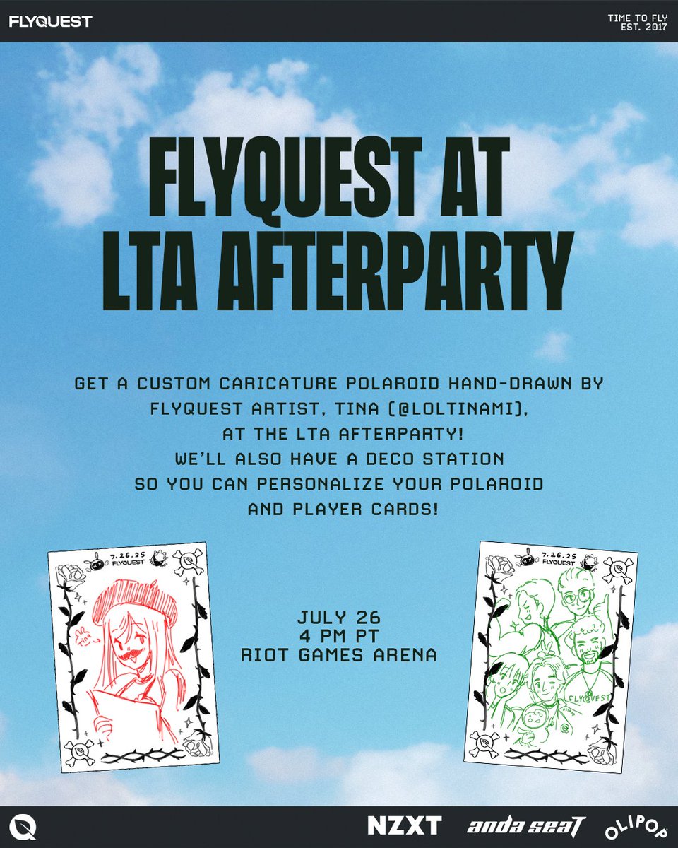 FlyQuest's tweet image. We'll be at the @LTANorth After party today with merch AND @loltinami doing hand-drawn caricatures!
Also stick around for a special meet and greet 馃憖