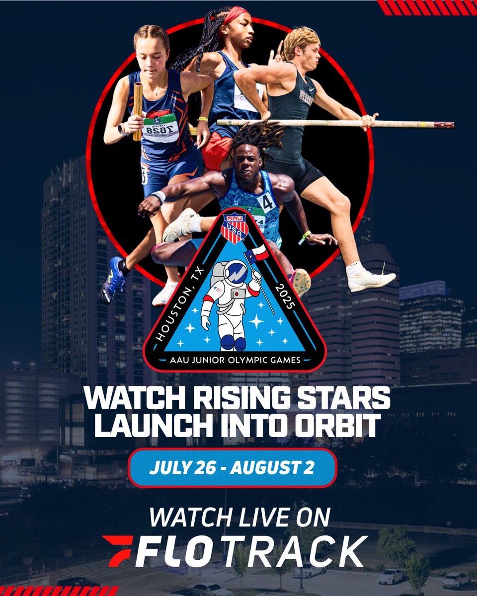 FloTrack's tweet image. READY TO LAUNCH 🚀
The 2025 @aautrackandfield Junior Olympic Games in Houston, TX takes off today and will be LIVE on FloTrack everyday through August 2 🙌
Watch tomorrow’s stars in the sport today.
WATCH: flosports.link/3UjiugJ