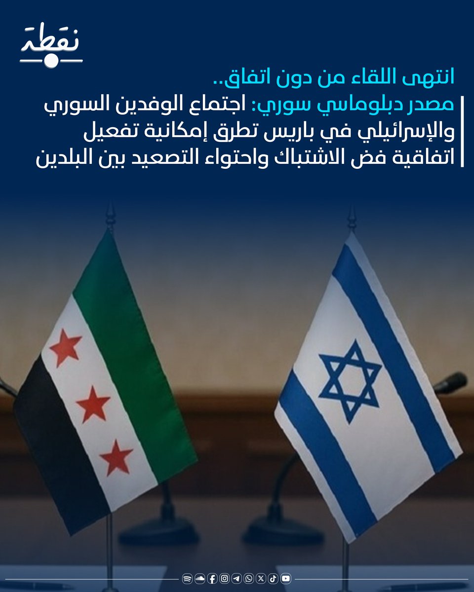 noqtaiq's tweet image. انتهى اللقاء من دون اتفاق..
مصدر دبلوماسي سوري: اجتماع الوفدين السوري والإسرائيلي في #باريس تطرق إمكانية تفعيل اتفاقية فض الاشتباك واحتواء التصعيد بين البلدين
#سوريا
#إسرائيل
#نقطة