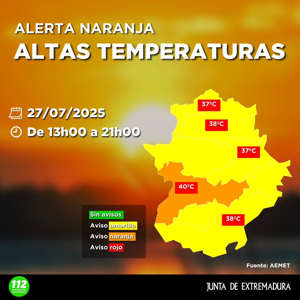 🟠#AlertaNaranja por altas temperaturas🌡️en Vegas del Guadiana.

🟡#AlertaAmarilla por altas temperaturas🌡️en el resto de #Extremadura.

🗓️ 27/07/2025
⏰ De 13h00 a 21h00

☎️En caso de #emergencia, llama al 1⃣1⃣2⃣