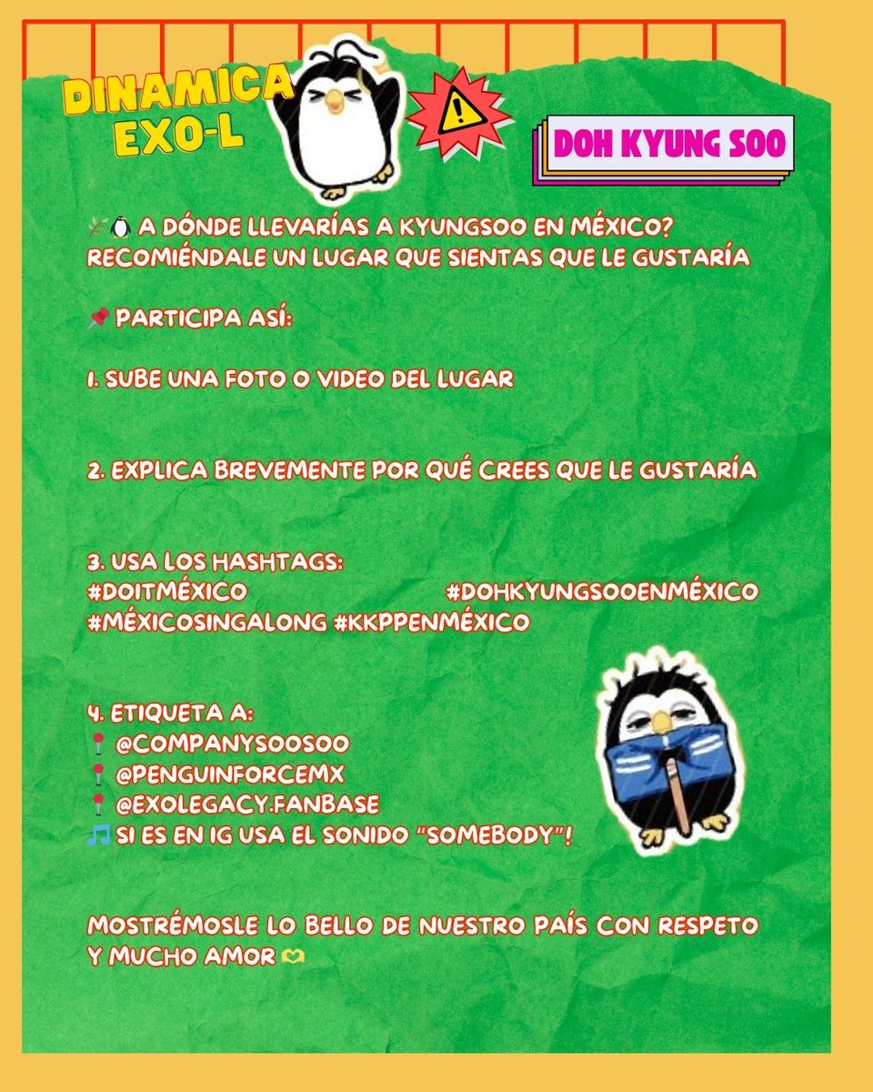 exo_legacy's tweet image. ⭐Eriiiiiii! Hoy te invitamos a participar en esta dinámica! Queremos ver sus propuestas! 👀
@PenguinForceMX
#DOitMéxico #DohKyungsooEnMéxico #MéxicoSingAlong #KKPPenMéxico
@companysoosoo_ #KimWoobin #leekwangsoo #DohKyungsoo