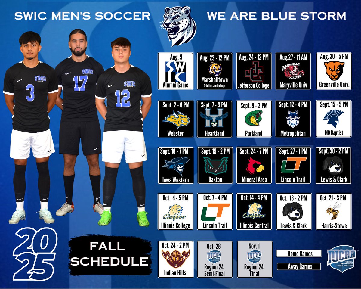 🔥 The grind starts now.  SWIC Men’s Soccer is coming in strong for the 2025 season! 💪⚽

Check out our full fall schedule and come support the Blue Storm as we chase greatness. 🐾💙

#WeAreBlueStorm #SWICSoccer #Fall25 #StormRising #RoadToRegion24