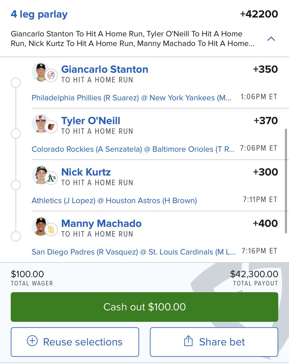 ⚾️SATURSLAY HR GIVEAWAY⚾️

(Round robin these 4 guys)

🚨WILL GIVE  $1,000 ($100 to 10 PEOPLE) IF ALL 4 HOMER!!!!

🚨WILL GIVE $100 TO ONE PERSON IF 3/4 HOMER!!!

MUST RT🔂/LIKE 👍 TO QUALIFY
