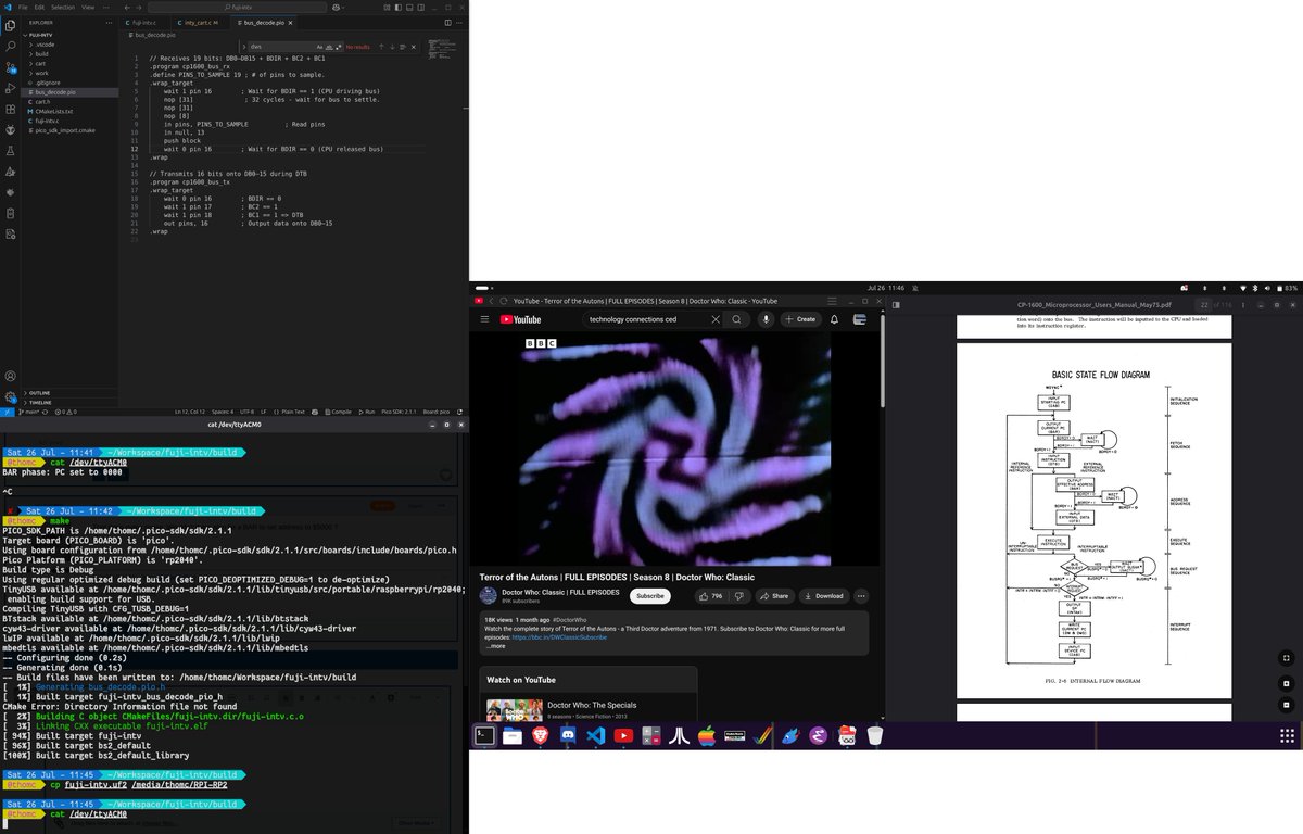 tschak's tweet image. I try to capture first stable bus cycle of the #FujiNet for #Intellivision (Internet Adapter) bring-up. I need to IAB (and a BAR) bus state.
VS.Code window, build/monitor window, an episode of Doctor Who, and CP-1600 databook.
#retrocomputing #retrogaming