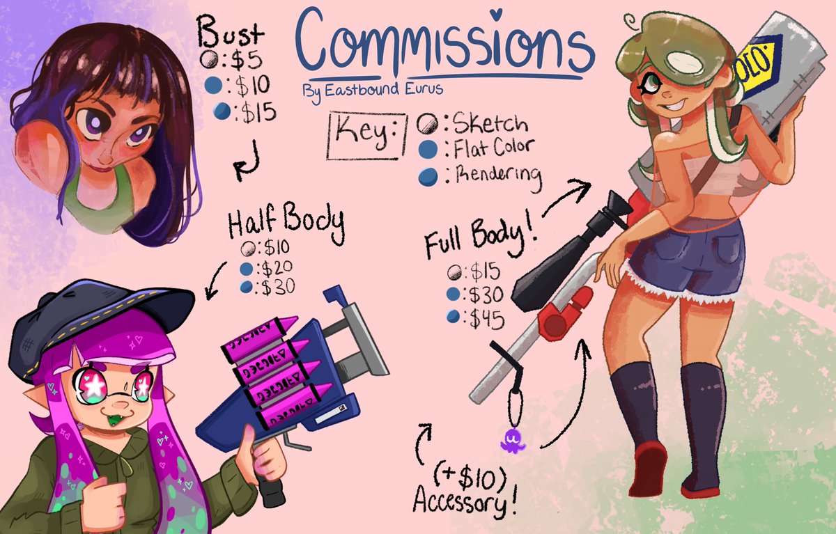 Hi! Im opening up c0mmissions for Splatoon characters! (Though I am willing to do human OCs as well)

If you are interested or want more information, contact me through Discord at eastbound_eurus!