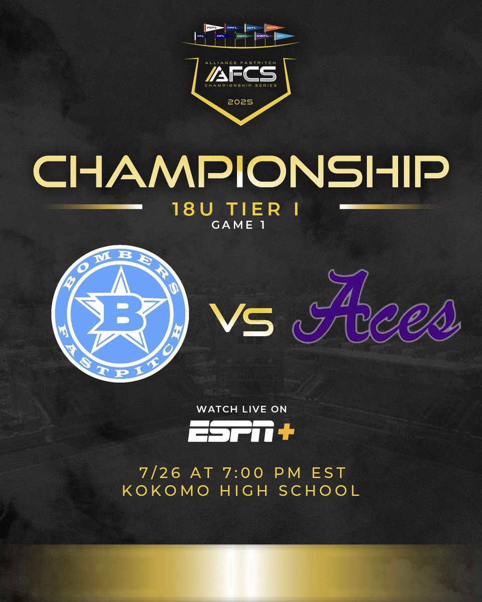 The Alliance Fastpitch (@thealliancefp) on Twitter photo 18U Tier I Championship Series Matchup is SET! Watch Aces Fastpitch <a href="/Aces_SoftballKC/">Aces Softball</a> vs Texas Bombers Gold <a href="/TXBombersGold18/">Texas Bombers Gold 18u</a> today at 7:00 PM EST at Kokomo High School Softball Stadium and on ESPN+ 🔗 to watch: bit.ly/44N16XE
#AFCS #Nationals #Championships #HFL #TFL 18U Tier I Championship Series Matchup is SET! Watch Aces Fastpitch <a href="/Aces_SoftballKC/">Aces Softball</a> vs Texas Bombers Gold <a href="/TXBombersGold18/">Texas Bombers Gold 18u</a> today at 7:00 PM EST at Kokomo High School Softball Stadium and on ESPN+ 🔗 to watch: bit.ly/44N16XE
#AFCS #Nationals #Championships #HFL #TFL