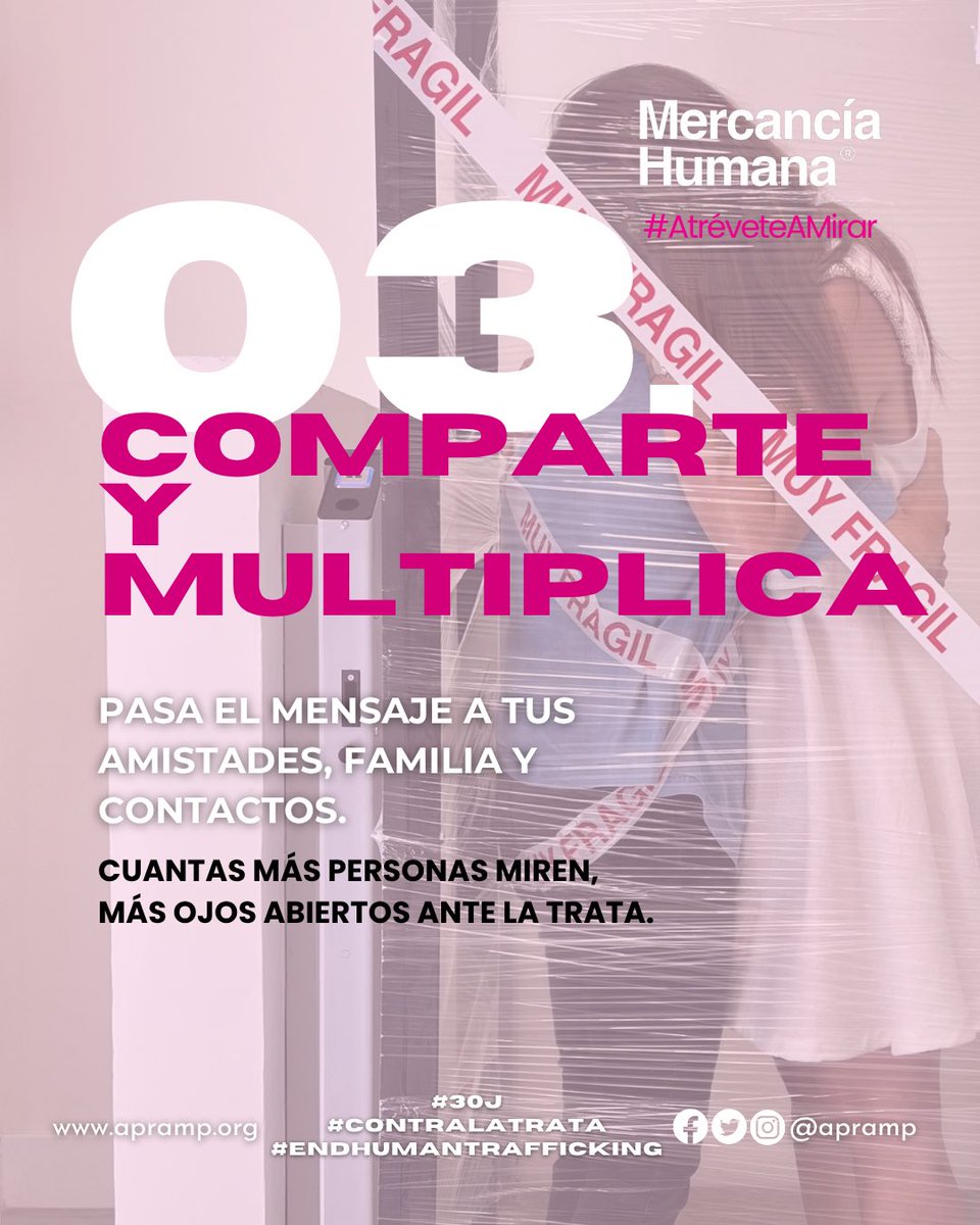 👋 Queremos contar contigo mirando de frente a la trata. Únete, #AtréveteAMirar y di NO a la trata de personas.

Porque ninguna persona es #MercancíaHumana; súmate #ContraLaTrata 💪 

#EndHumanTrafficking #HumanMerchandise