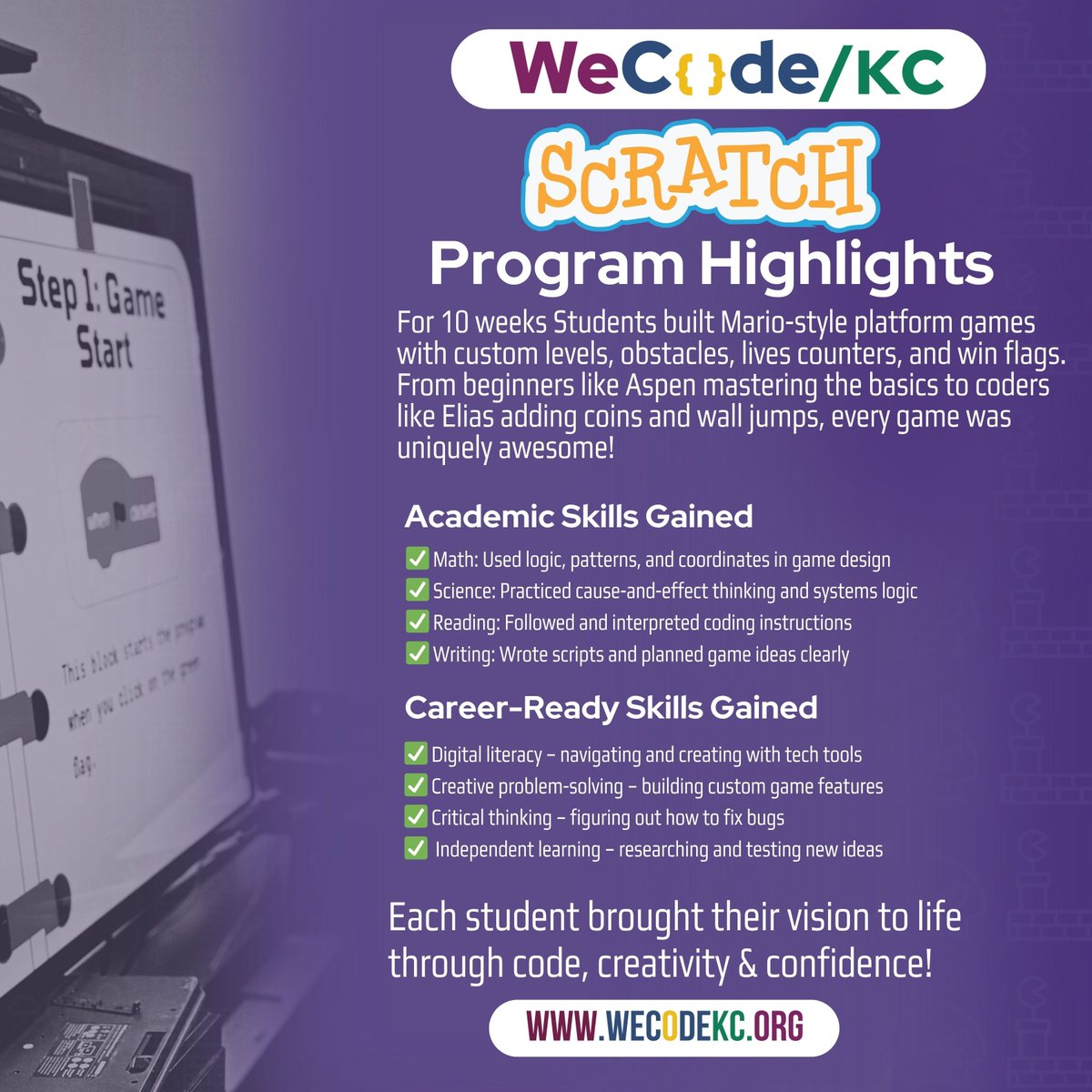 wecodekc's tweet image. Our students just wrapped 10 weeks in our Scratch program, building custom games with logic, storytelling, and design!
They gained valuable academic and career-ready skills—from math and science to coding and critical thinking.
🔗 wecodekc.org
#WeCodeKC