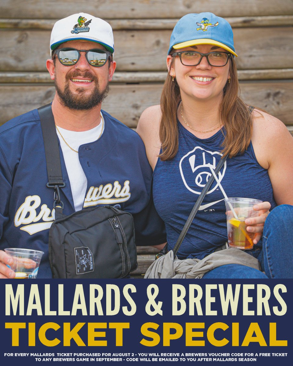 MadisonMallards's tweet image. Buy 1 Mallards Grandstand Ticket, Get 1 Brewers Ticket FREE! π¦
Yes, you read that right! The Mallards and Brewers are teaming up for an EXCLUSIVE ticket deal, valid while supplies last!
For each grandstand ticket purchased to the Mallards game on Saturday, August 2nd, you willβ¦
