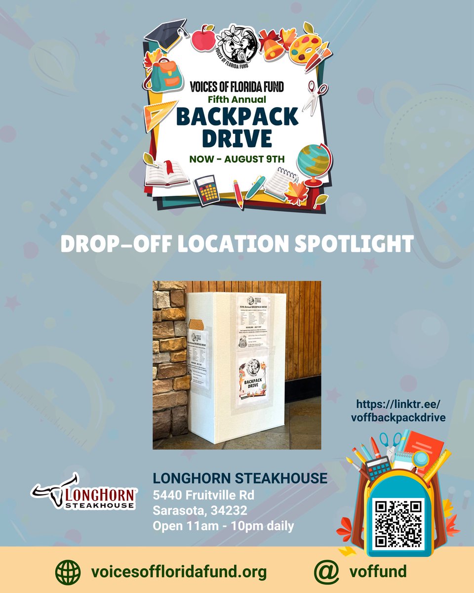 Our Backpack Drive has 7 drop-off locations in the SRQ area. We want to shine a spotlight on:

📍 LongHorn Steakhouse 
5440 Fruitville Rd
Sarasota, FL 34232
Open 11am - 10pm daily

Stop on in to Longhorn today for a delicious meal &amp; drop off donations while you’re there! 🎒📚✏️