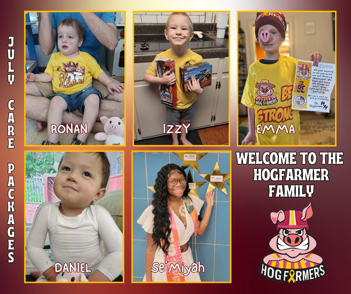 We would like to welcome 2 year old Ronan, 6 year old Izzy, 10 year old Emma, 2 year old Daniel &amp; 14 year old Se'Miyah to the Hogfarmer Family! 🎗️💪🐷

If you would like to Join the Fight and help kids like them, you can here:

hogfarmers.networkforgood.com/projects/18116…