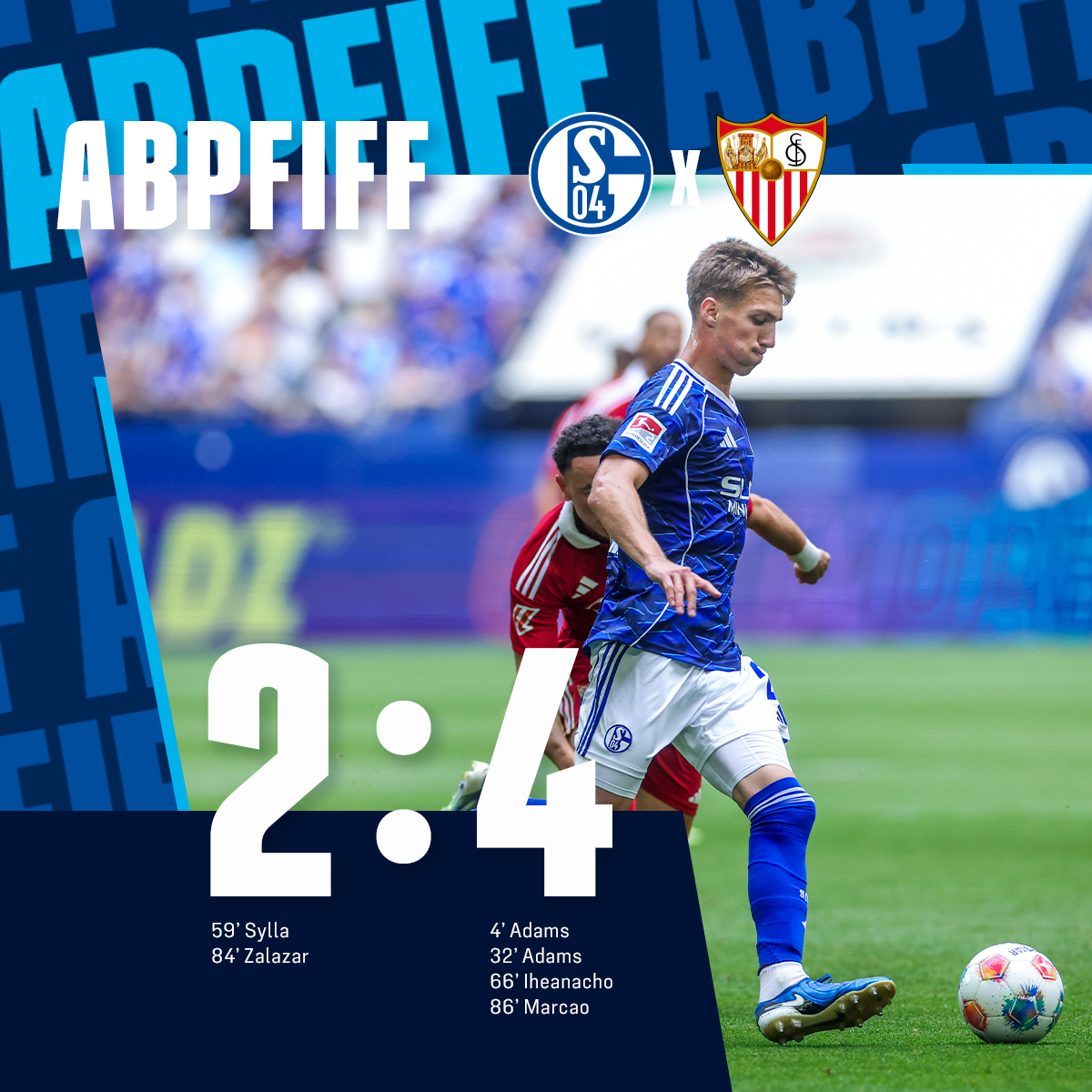 s04's tweet image. +++ ABPFIFF +++
Die Gäste aus Sevilla gewinnen den Test in der VELTINS-Arena.
⏱️ 90' | #S04SCF 2:4 | #S04
