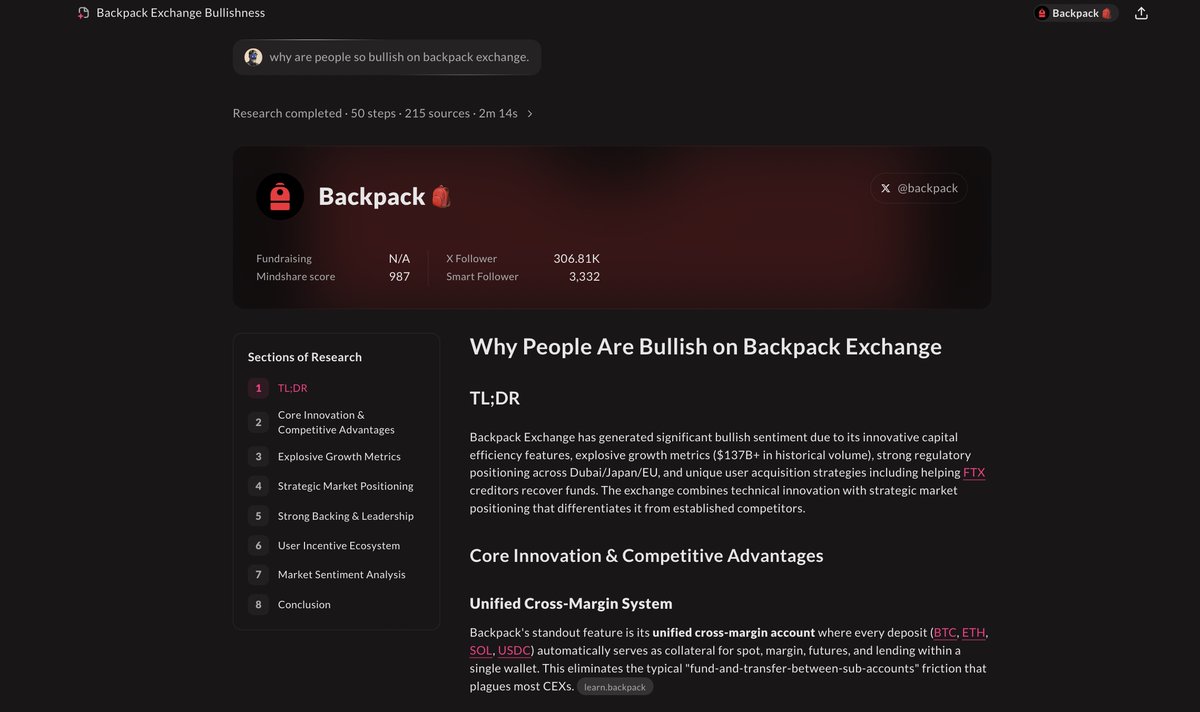 Metabape's tweet image. 刚回苏州就上手体验了 @Surf_Copilot 的网页端,用它生成了份关于背包 @Backpack 的 deep research,分享一些产品上的观点:
1. 产品在推理上很舍得下成本,一个问题居然爬了 215 个 sources。这部分的 inference 如果用的是 o3,成本大概在 2刀左右,如果用的是 4.1 mini,成本大概在 0.5…