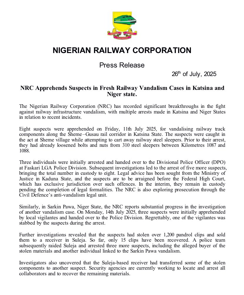 info_NRC's tweet image. The Nigerian Railway Corporation (NRC) Apprehends Suspects in Fresh Railway Vandalism Cases in Katsina and Niger state.