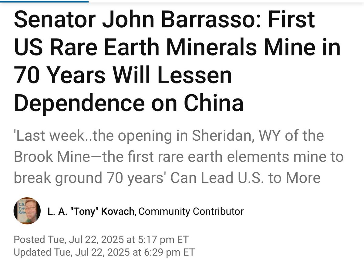 privateinequity's tweet image. 🚨First Rare Earth Mine in US in 70 years 🚨
Major accomplishment for US resource independence.
The Brook Mine in Wyoming just opened and it is the first rare earth mine in the country in 70 years.
This matters because rare earth elements are mission critical for defense,…