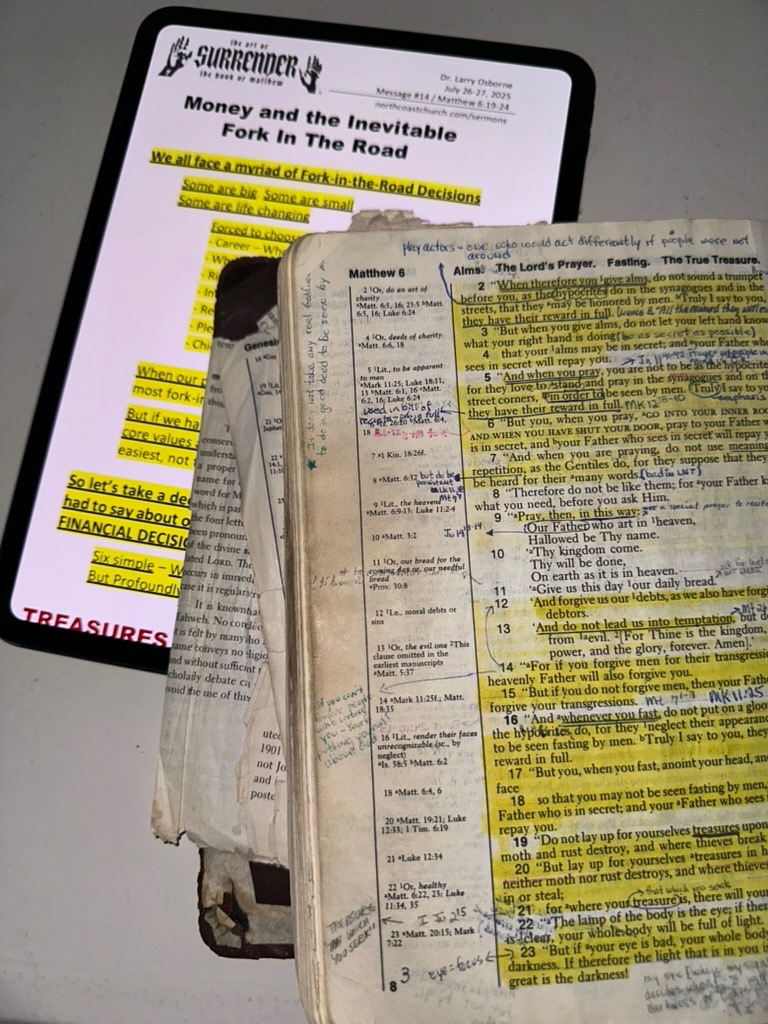Looking forward to teaching this weekend at North Coast. Money: And the Inevitable Fork in The Road (Mt 6:19-24)