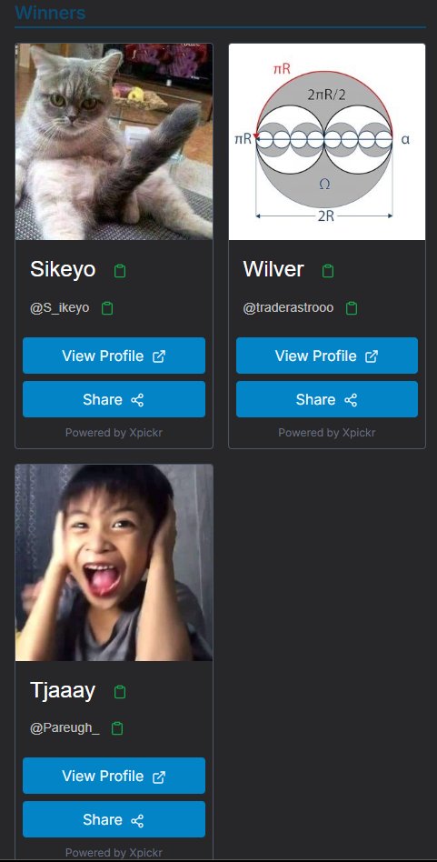 🏆WINNERS🏆
<a href="/S_ikeyo/">Sikeyo</a>
<a href="/traderastrooo/">Wilver</a>
<a href="/Pareugh_/">Tjaaay</a>

Please dm me to claim your prizes. Congrats!
