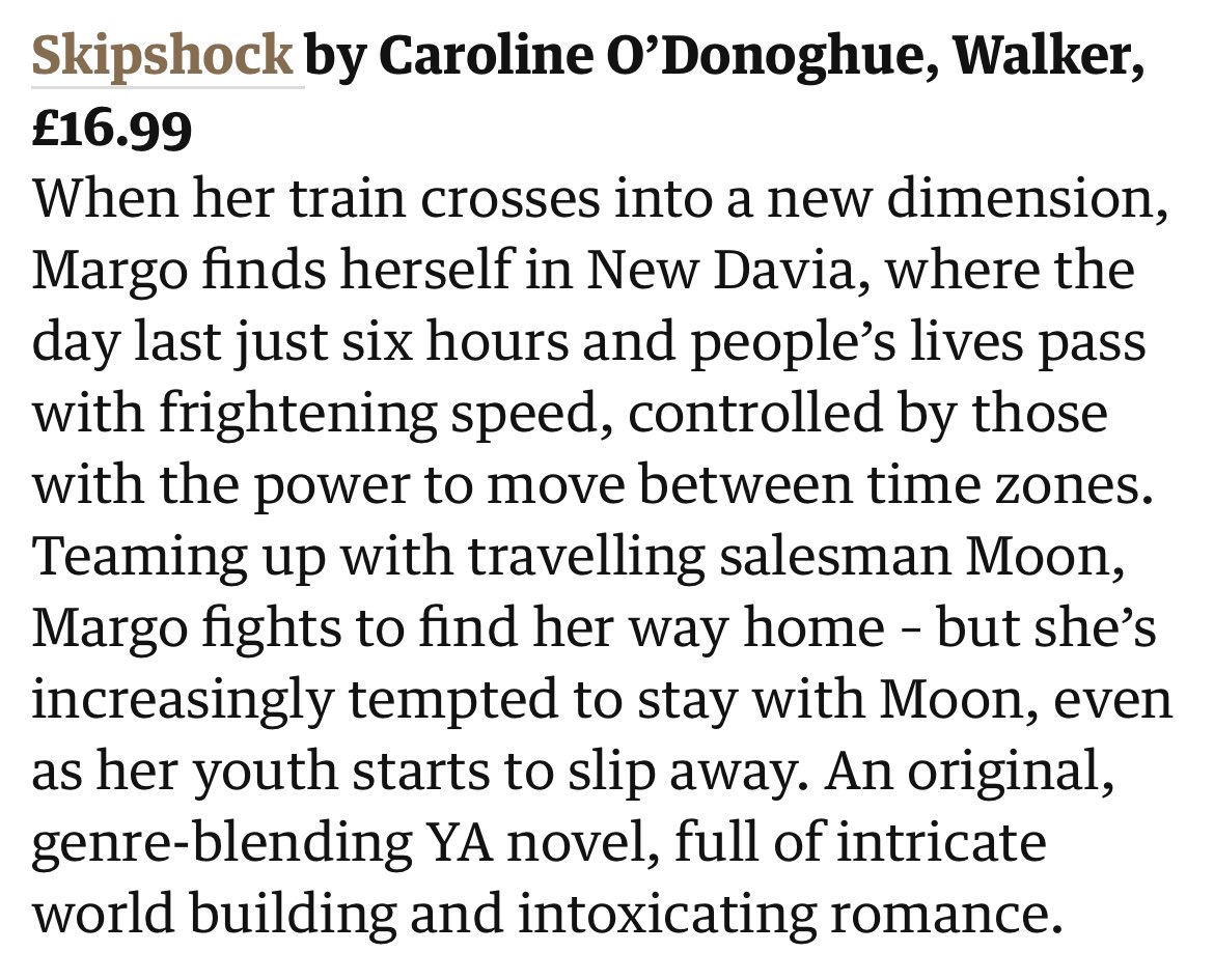 WalkerBooksYA's tweet image. “An original, genre-blending YA novel, full of intricate world building and intoxicating romance.”
We’re loving this fantastic review of Skipshock in the @guardian!