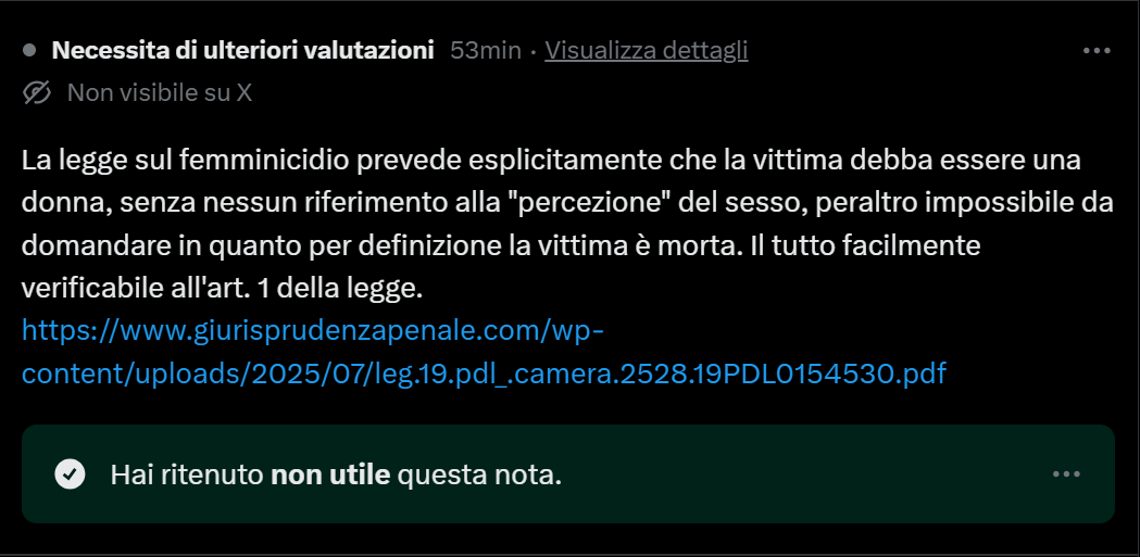 ValeMameli ... XรA QZ (@valereinstated) on Twitter photo Un burlone ha aggiunto una community note al primo post. Bene, andiamo ad analizzare il tutto nel merito.
Come giร  da me riportato, non c'รจ una espressa affermazione circa il percepirsi donna nel testo di legge.
x.com/ValeReinstatedโฆ
Ma il diavolo dove sta di solito? Un burlone ha aggiunto una community note al primo post. Bene, andiamo ad analizzare il tutto nel merito.
Come giร  da me riportato, non c'รจ una espressa affermazione circa il percepirsi donna nel testo di legge.
x.com/ValeReinstatedโฆ
Ma il diavolo dove sta di solito?